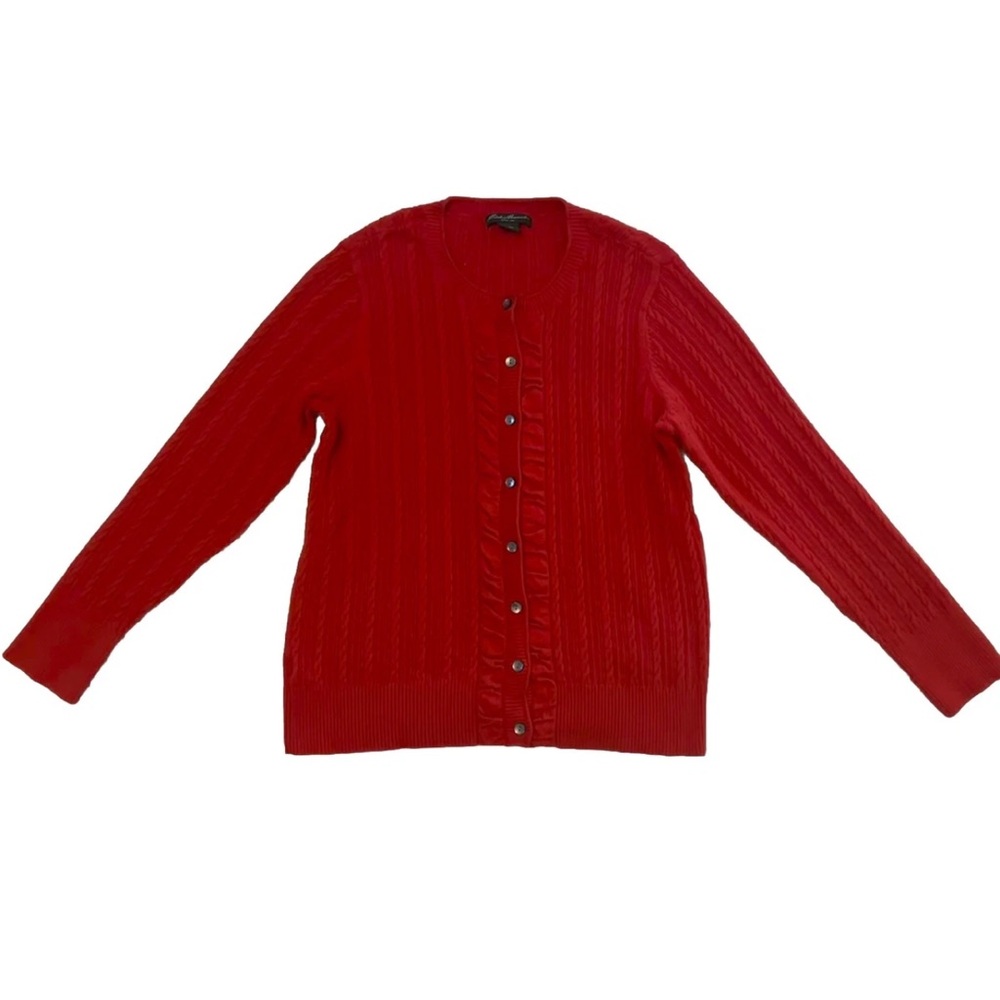 Eddie Bauer Womens Red Ruffled Cable Knit Button Down Cardigan Sweater Sz XL